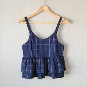 Navy Blue Grid Peplum Cami Top | Sleeveless Tiered Tank | Preppy Summer Blouse S